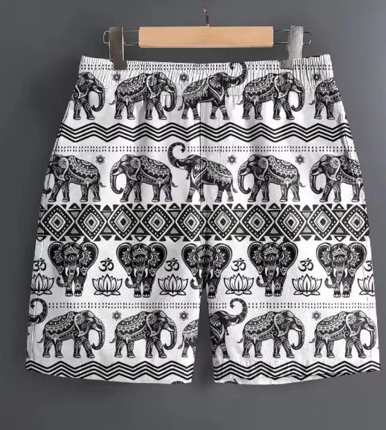 Men's outdoor casual trousers shorts in a polyester fabric with a relaxed fit available in numerous patterns, including stripe, plaid, camouflage, solid colour, floral, and dot designs, across an extended size range from S to 5XL for sports and leisure.
