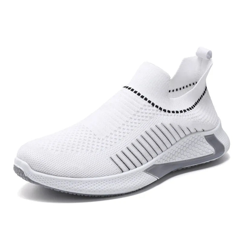 Men's black and white striped mesh slip-on sneakers with lace-up front.