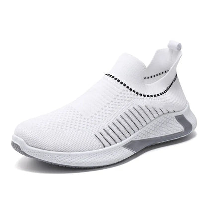 Men's black and white striped mesh slip-on sneakers with lace-up front.