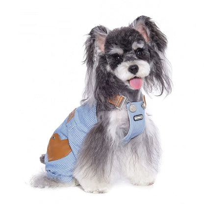 Blue polyester denim-style suspender pants for small dogs, available in sizes XXS to 2XL