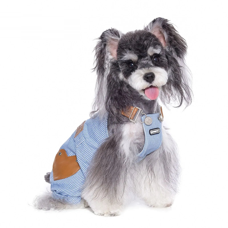 Small Dog Denim Suspender Pants Pet Traction Clothing in Blue Polyester for Bichon Schnauzer Four Seasons Use with Adjustable Straps