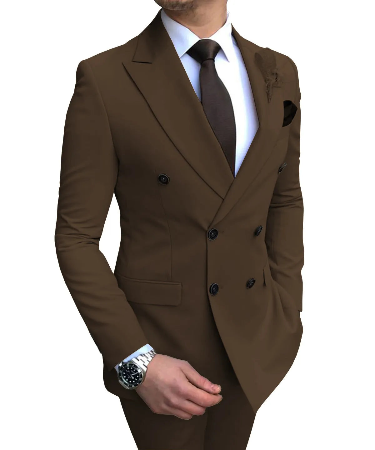 Men's two-piece slim fit wedding suit with straight collar and side slits, available in 15 colours and sizes XS to 5XL.