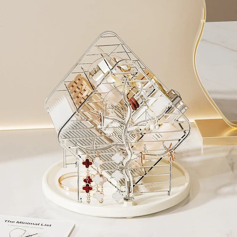 Rotating cosmetics storage box with 360° rotation in clear or amber gold plastic, odour-free construction
