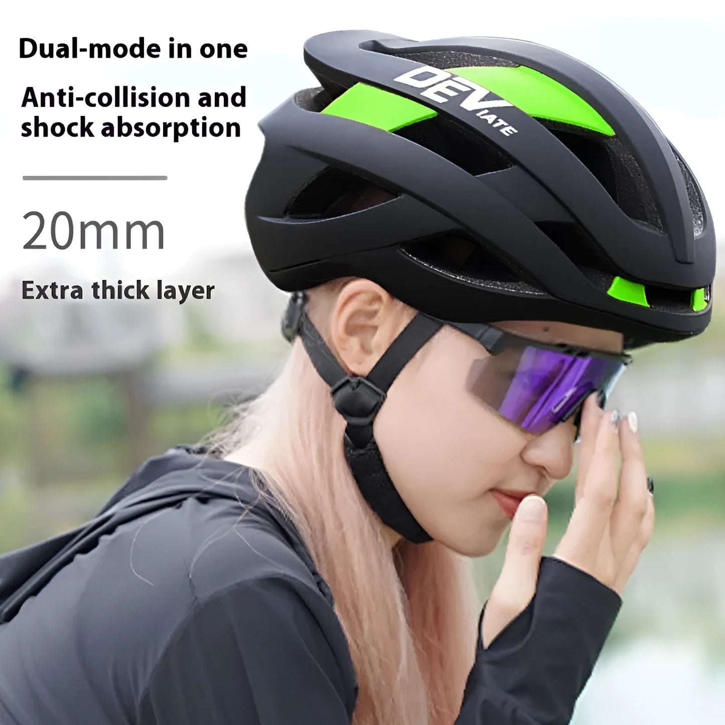 Adult adjustable mountain bike helmet in matte black with coloured graphics, showing ventilation net and sizing dial.