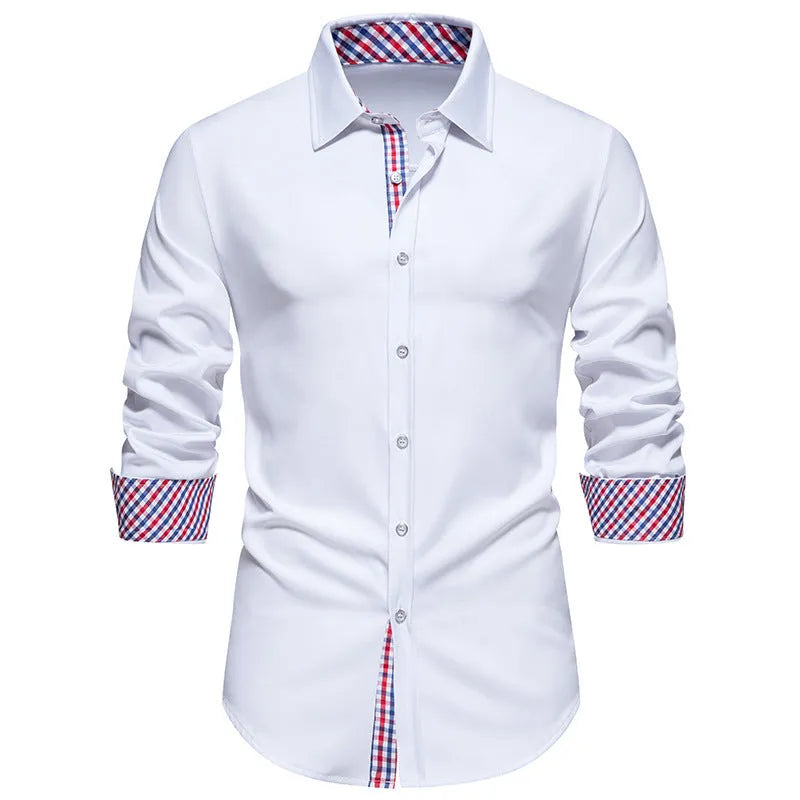 Men's loose fit plaid long-sleeved shirt in polyester blend fabric available in three colours