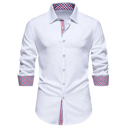 Men's loose fit plaid long-sleeved shirt in polyester blend fabric available in three colours
