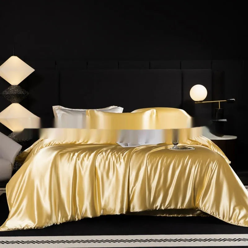 Household Fashion 100% silk bed sheet four-piece set in seven colour options showing fitted sheet, flat sheet and pillowcases