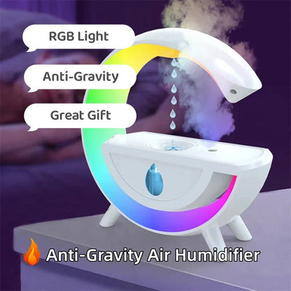 Anti-gravity air humidifier with LED lighting in white color, featuring water droplet animation and multi-color illumination