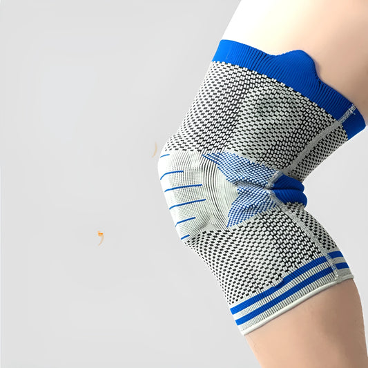 Cotton knee pads with silicone shock absorbers in black and blue colour combination with elastic straps
