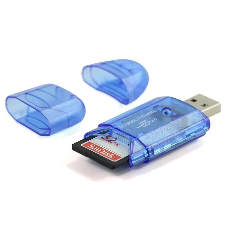 Transparent plastic USB card reader with LED light option, measuring 7.5 inches in length.