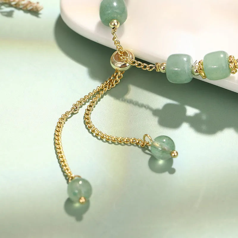 Rabbit charm bracelet with natural gemstone beads in green aventurine or strawberry quartz options