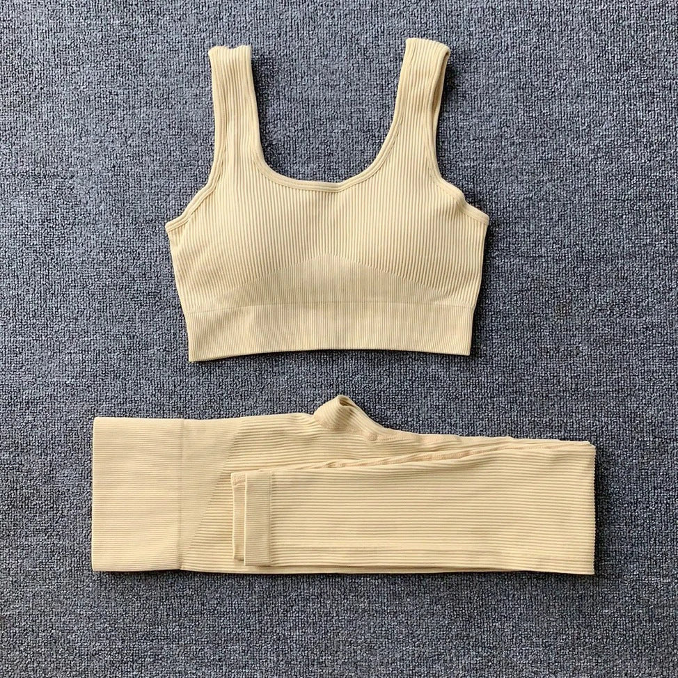 Seamless yoga set with high-waist leggings and supportive sports bra for women's fitness and activewear