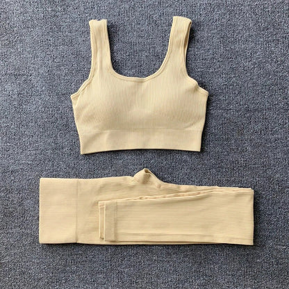 Seamless yoga set with high-waist leggings and supportive sports bra for women's fitness and activewear
