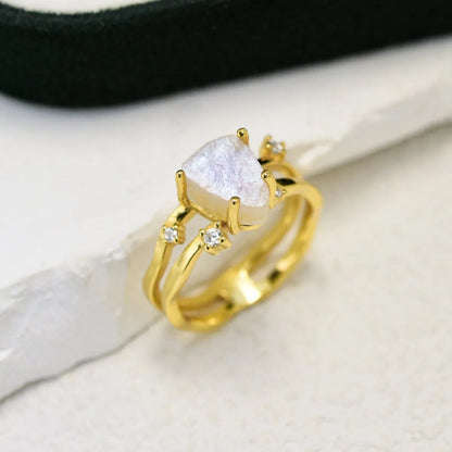 S925 sterling silver irregular triangle moonstone ring showing geometric design and 12mm gemstone centrepiece