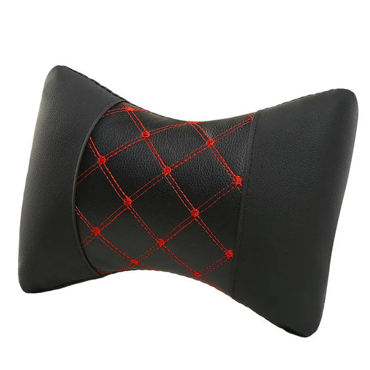 Leather quilted car headrest in black with blue lines, showing diamond check pattern and cervical neck support design.