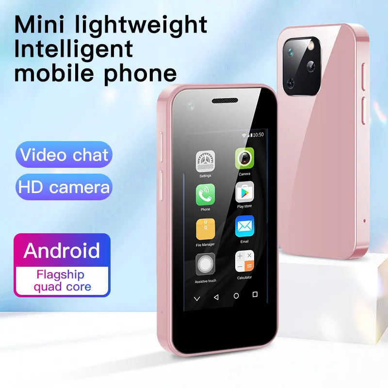 Ultra-small Android mini phone in Phantom Night Black colour, shown next to a standard Type-C charging cable.