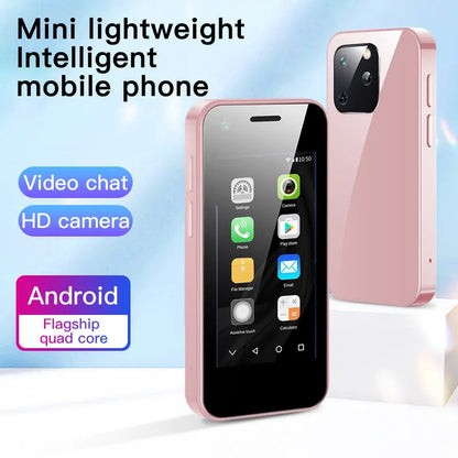 Ultra-small Android mini phone in Phantom Night Black colour, shown next to a standard Type-C charging cable.