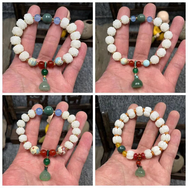 White Jade Pumpkin Lotus Bead Bracelet Bodhi Root Buddhist Mala Spiritual Jewellery, Hand Carved 8×10mm Apple Orchard Lotus 10mm White Tip Lotus 9×12 Barrel Beads Lotus 9×11 Hot Lotus Cat's Paw Pendant Pumpkin Adventurine Lotus Pods Duobao Style