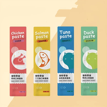 Pack of 10 thin cat strip snacks in four flavours for kittens.