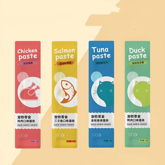 Pack of 10 thin cat strip snacks in four flavours for kittens.