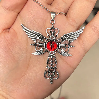 Geometric devil wings cross pendant necklace in alloy with blue, green, purple, red, and yellow colour options