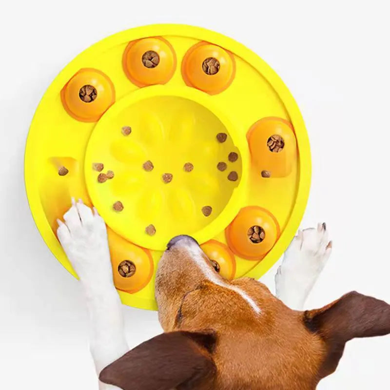 Green and blue interactive dog puzzle toy slow feeder bowl with food turntable top