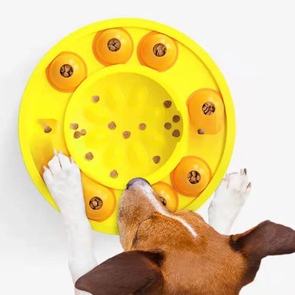 Green and blue interactive dog puzzle toy slow feeder bowl with food turntable top
