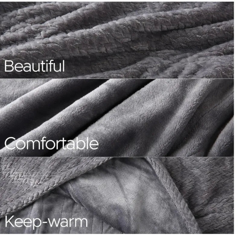 Light grey cotton electric heated blanket with adjustable temperature and hot compress function, available in three sizes.