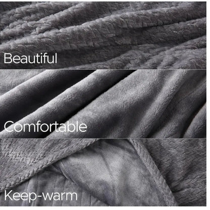 Light grey cotton electric heated blanket with adjustable temperature and hot compress function, available in three sizes.