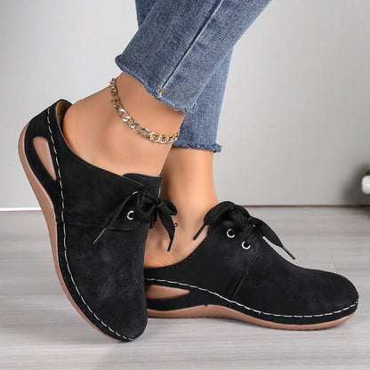 Women's baotou lace-up slippers with hollow out wedges in suede upper and rubber sole, available in multiple colours