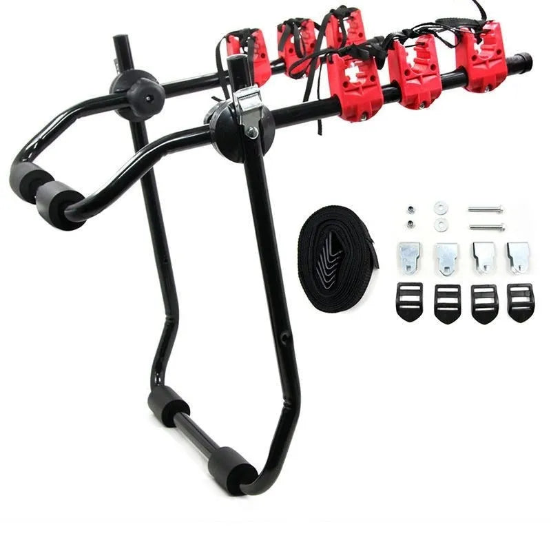 Black and red trunk mounted car bike holder rack with adjustable fastening system on vehicle boot