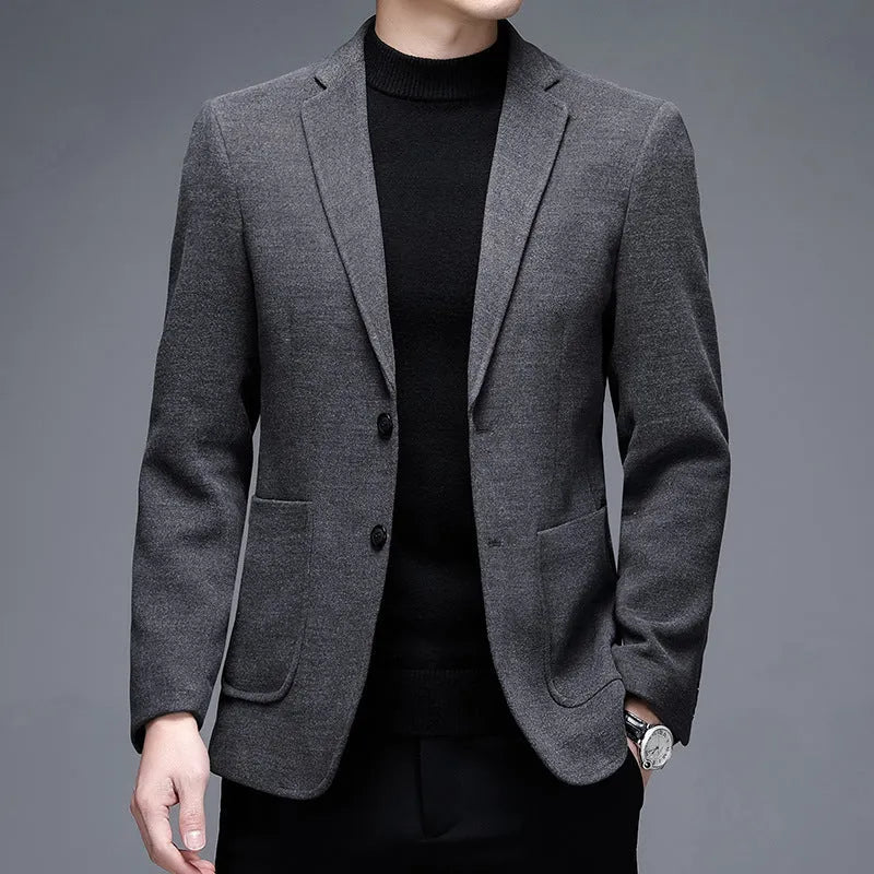 Men's solid colour woolen winter jacket in loose fitting casual business style