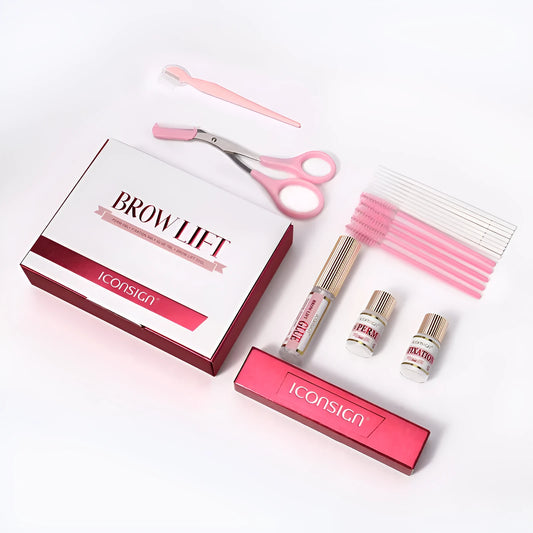 Pink eyebrow perm kit containing scalding suit and keratosis removal tool for complete brow styling