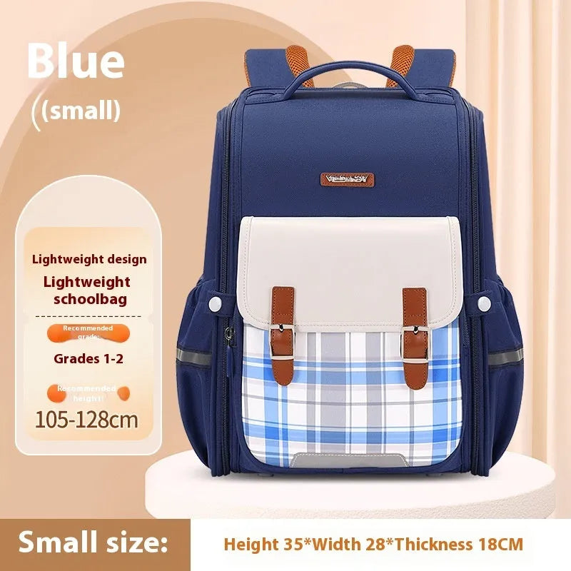 Navy blue student backpack with multiple pockets, made from durable oxford cloth for school children.