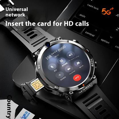 Sports smartwatch with dual cameras on a wrist, showing its touch screen interface.