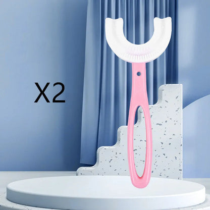 Children's U-shaped soft rubber toothbrush in pink and blue colours.