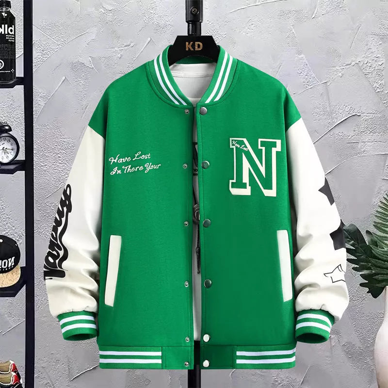Men's letter print color block baseball jacket in black, blue, or green with round neck and button details