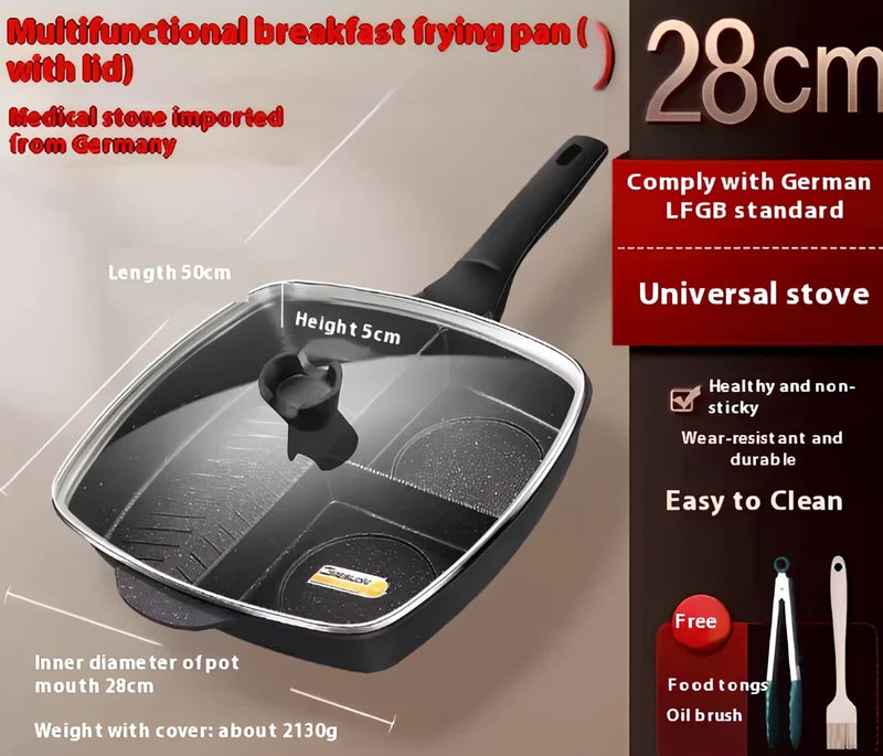 Medical stone non-stick three-in-one multi-function omelette pan with 4.5cm depth and double bottom construction for even heat distribution across induction and gas stoves