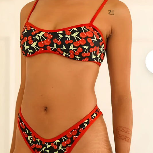 Women's cherry print floral bikini swimsuit with a tube top and brief style bottom.