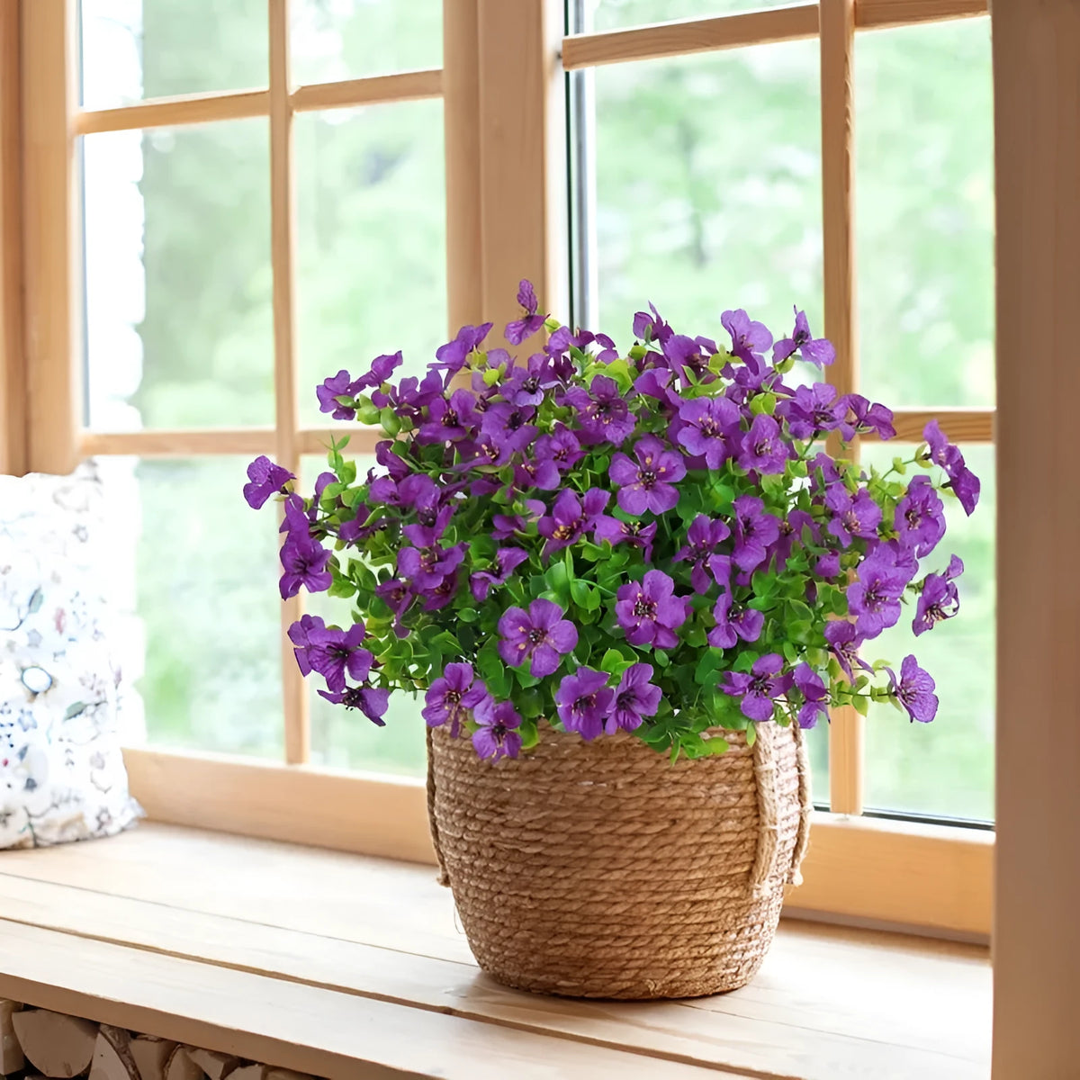 Artificial eucalyptus violet flower stem in plastic, available in seven colours for home and wedding decor