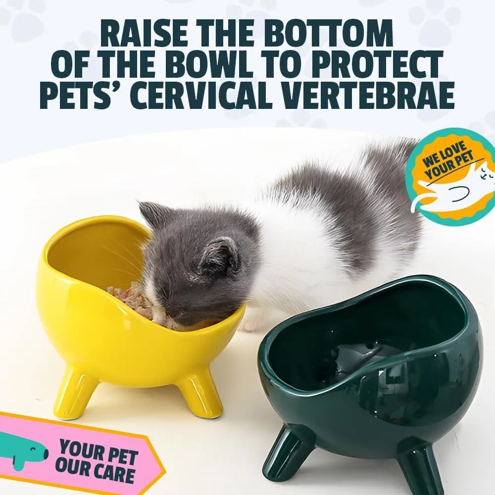 Green ceramic cat food bowl with four legs and elevated design for stable feeding