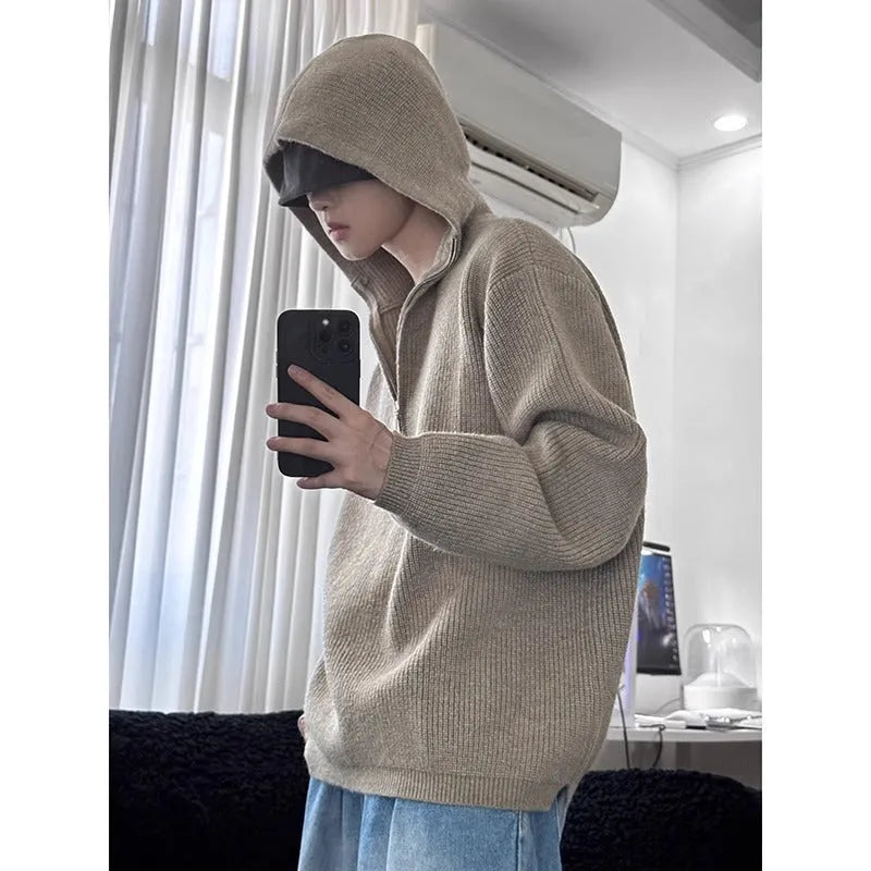 Loose baggy knitted sweater coat, long sleeve, polyester fiber, shown in dark gray black khaki, sizes M to 3XL