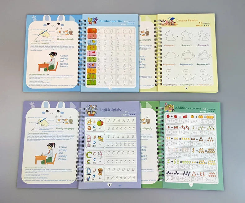 Magic calligraphy copybook set with stylus for children's handwriting practice showing 3D slot design