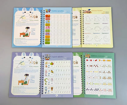 Magic calligraphy copybook set with stylus for children's handwriting practice showing 3D slot design