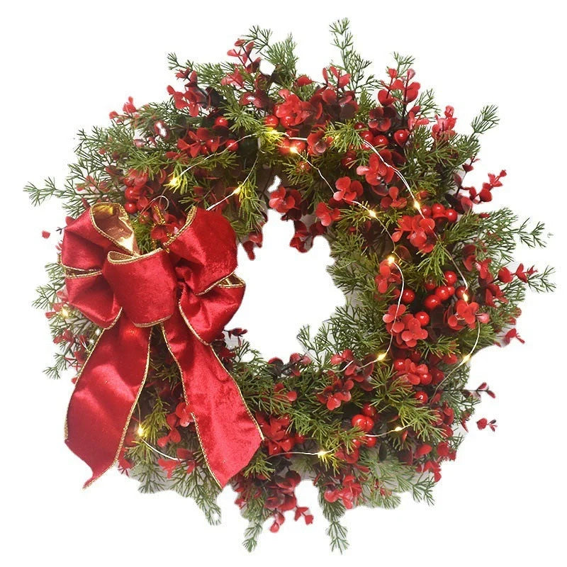 45CM Artificial Cherry Pattern Christmas Wreath with LED Lights for festive holiday decoration