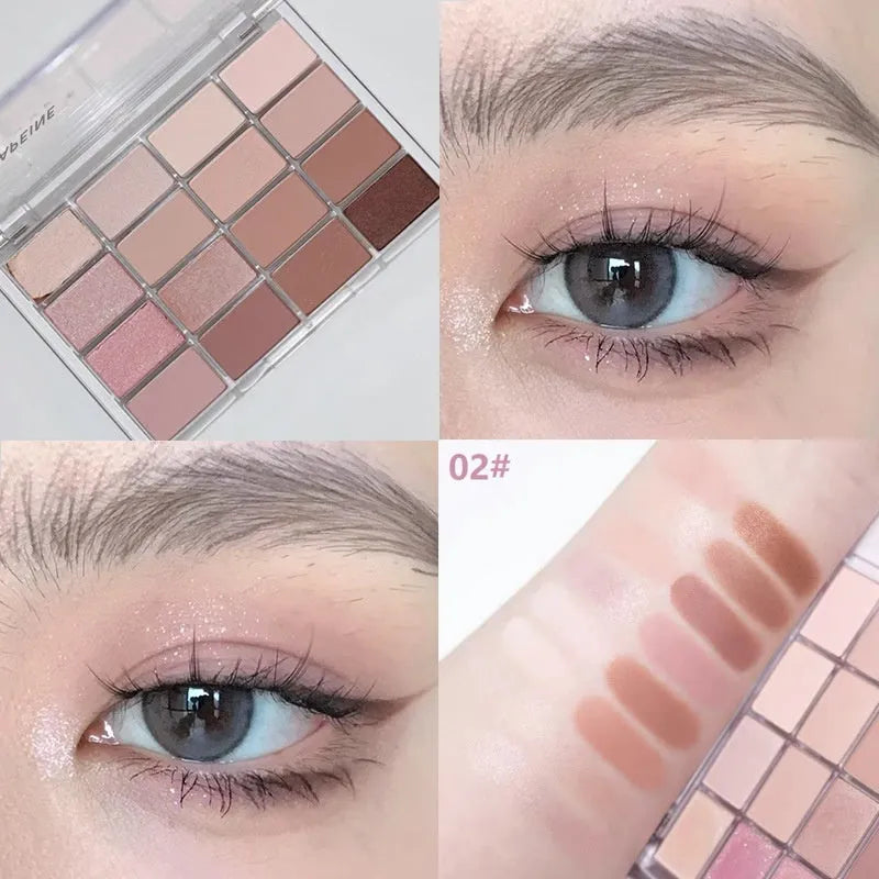 16-colour eye shadow palette showing matte and shimmer powder shades in pink, brown and lavender tones