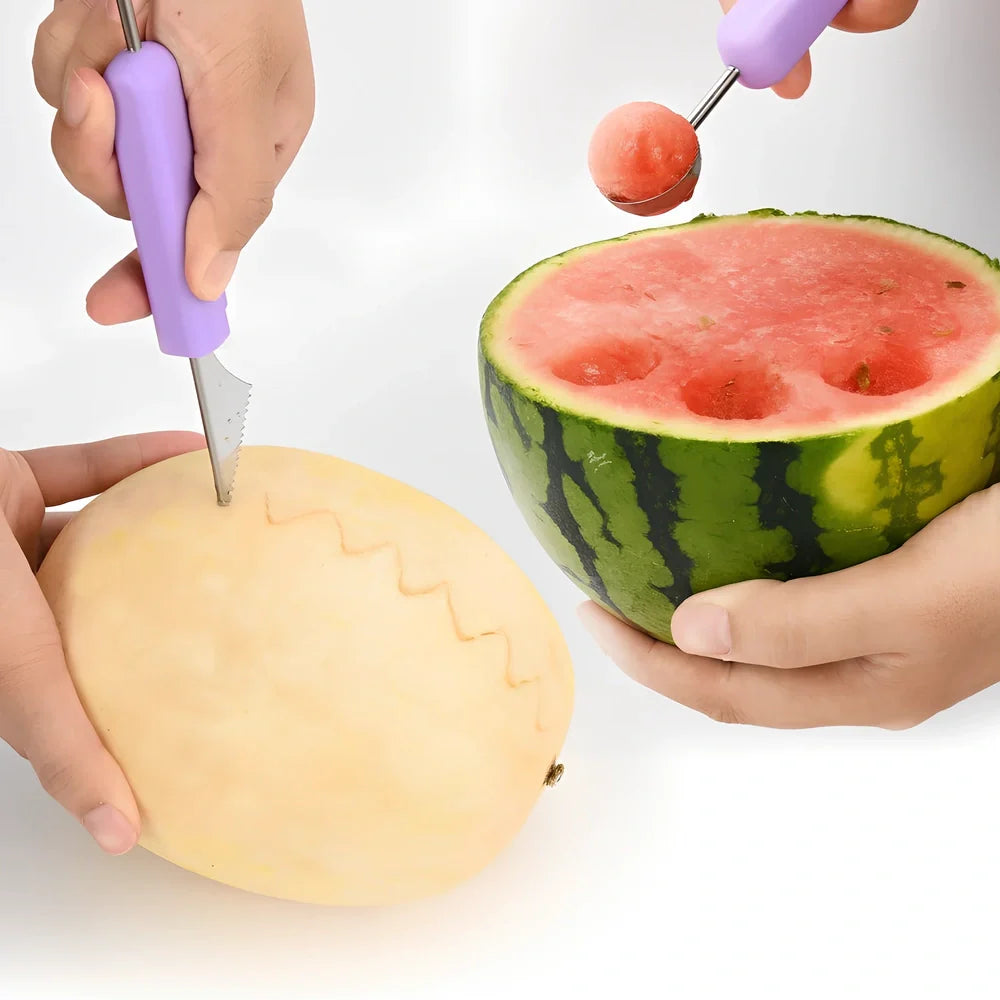 Three nested fruit tools showing V-shaped carver, large scoop and small scoop with PP plastic handles