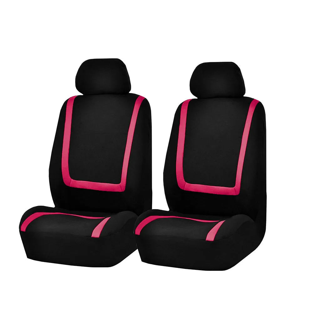 Fully enclosed fabric car seat cover set showing front and rear seat protection in a beige and black colour combination.