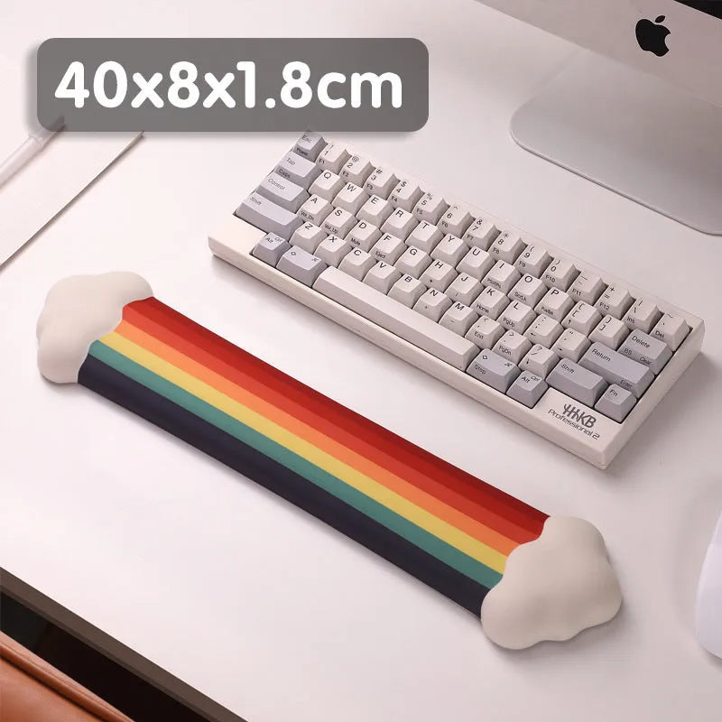 Silicone cloud pattern wrister mouse pad and matching keyboard support on a desk
