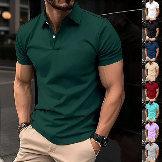 Men's solid colour short sleeve polo shirt with button collar in cotton mix fabric